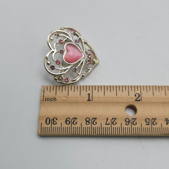 Vintage Silver Tone Heart Brooch With Pink Cats Eye Rhinestone Accents - Picture 4 of 4